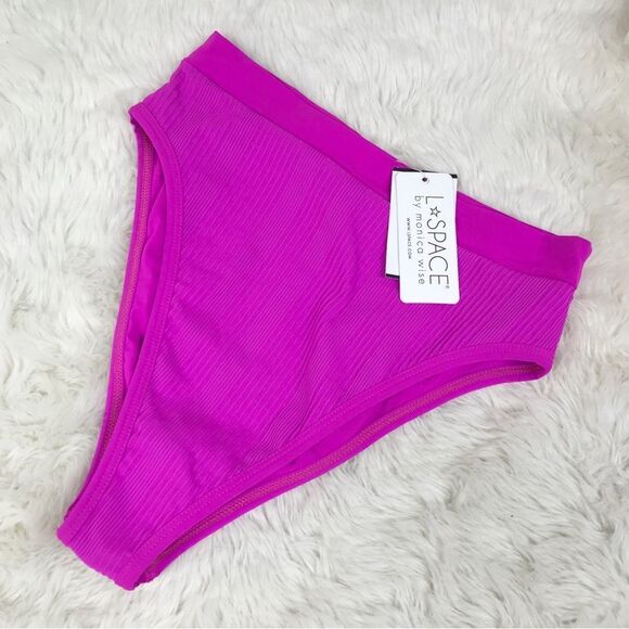 L*SPACE Frenchi Bottom Bitsy Cut High Waist Bikini Ribbed Fuchsia Pink Large New - Picture 2 of 10